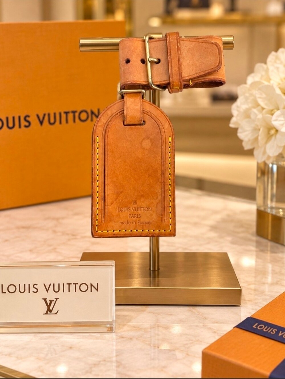 Louis Vuitton Brown Leather Luggage Tag with Yellow Stitching